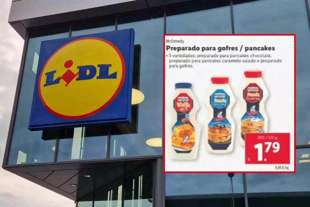 Fachada de una tienda Lidl con un cartel promocional de preparados para gofres y pancakes de la marca McEnnedy en diferentes variedades y precio destacado Fachada de una tienda Lidl con un cartel promocional de preparados para gofres y pancakes de la marca McEnnedy en diferentes variedades y precio destacado