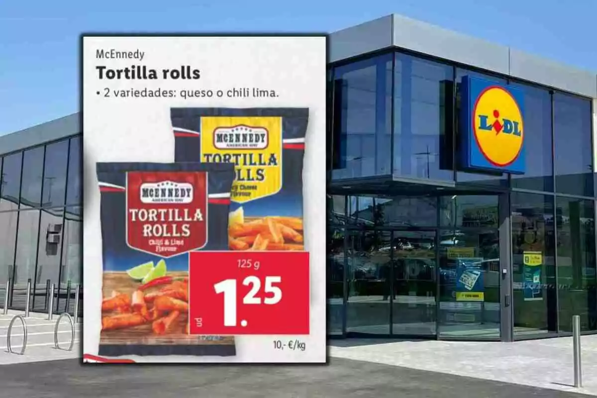 Promoció de Tortilla Rolls McEnnedy en dos sabors davant d’una botiga Lidl, amb un preu d’1,25 euros per bossa de 125 grams Promoció de Tortilla Rolls McEnnedy en dos sabors davant d’una botiga Lidl, amb un preu d’1,25 euros per bossa de 125 grams