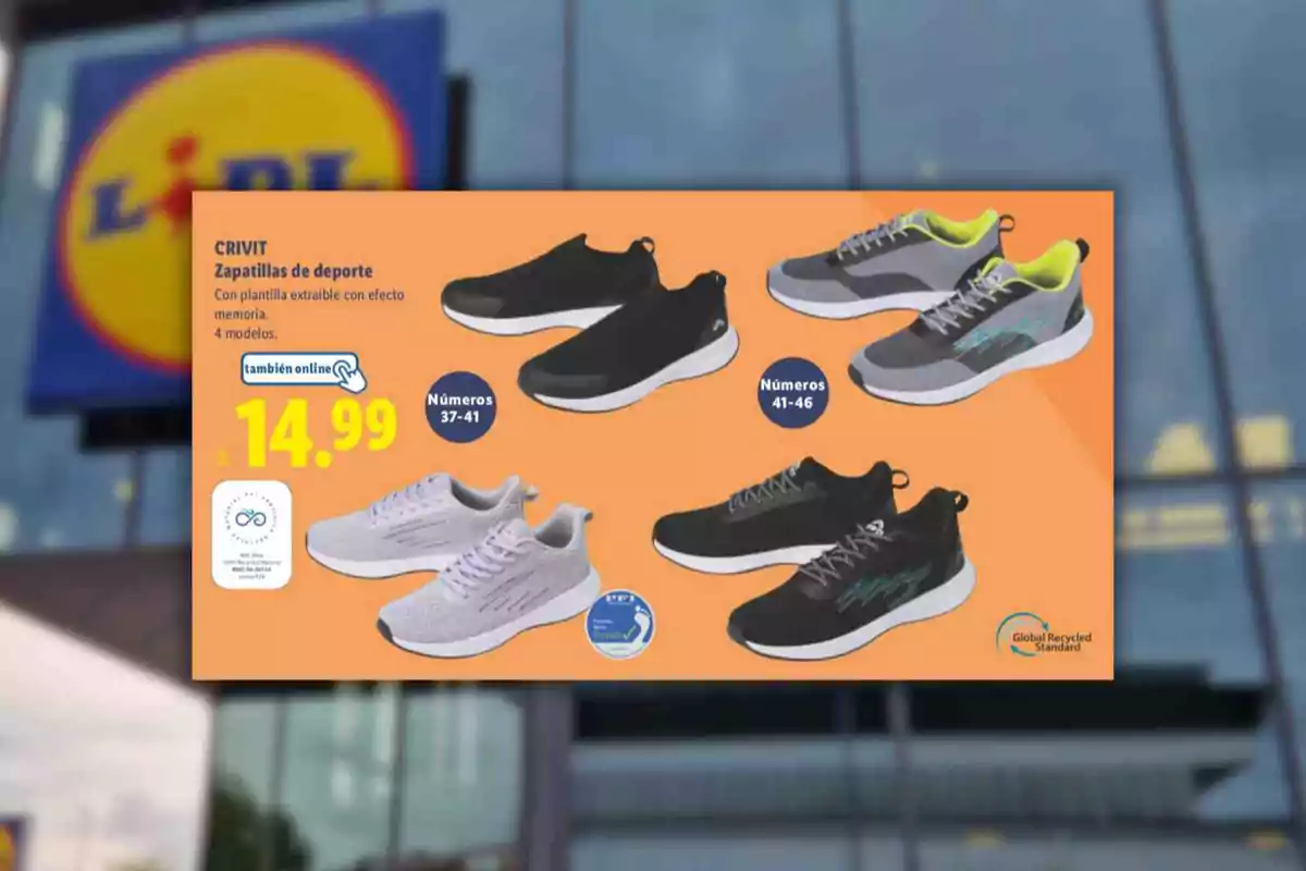 Publicitat de Lidl mostrant quatre models de sabatilles esportives Crivit per a home i dona en diferents colors i talles amb un preu de 14,99 euros i opció de compra en línia Publicitat de Lidl mostrant quatre models de sabatilles esportives Crivit per a home i dona en diferents colors i talles amb un preu de 14,99 euros i opció de compra en línia