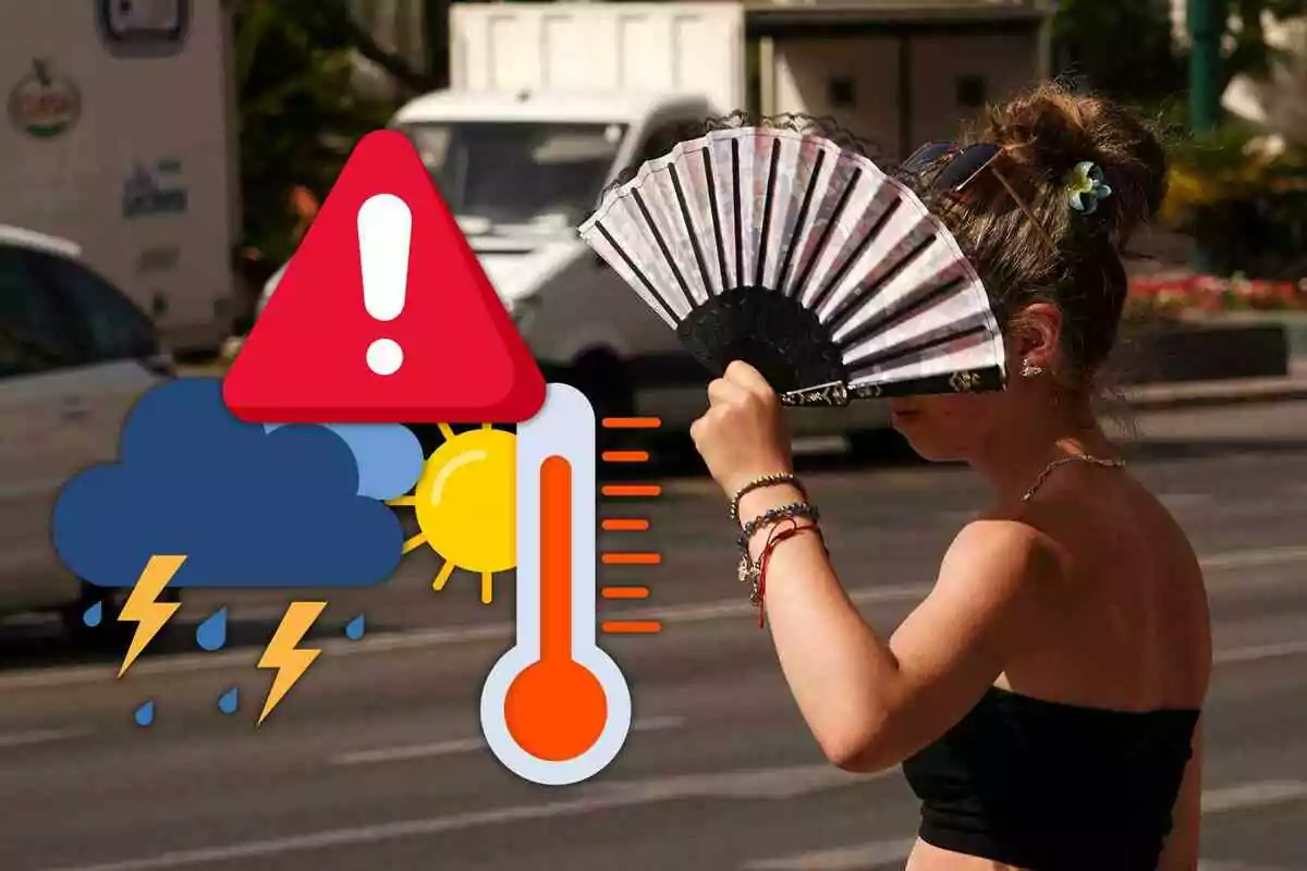 Dona ventant-se al carrer durant una onada de calor amb icones d’advertència meteorològica i altes temperatures superposades