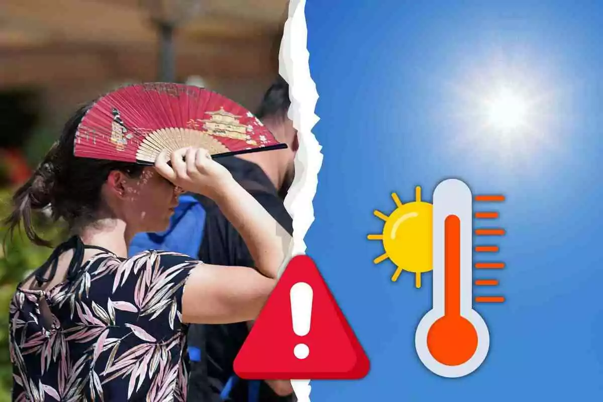 Dona fent servir un ventall per protegir-se del sol al costat d’un gràfic de termòmetre alt i un símbol d’advertència per calor extrema
