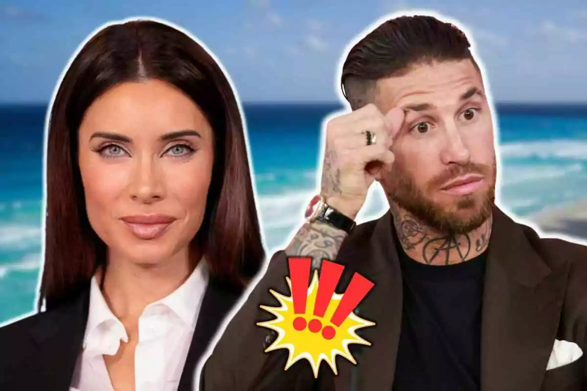 Sergio Ramos i Pilar Rubio posant davant d'un fons de platja amb un gràfic d'exclamació al centre.