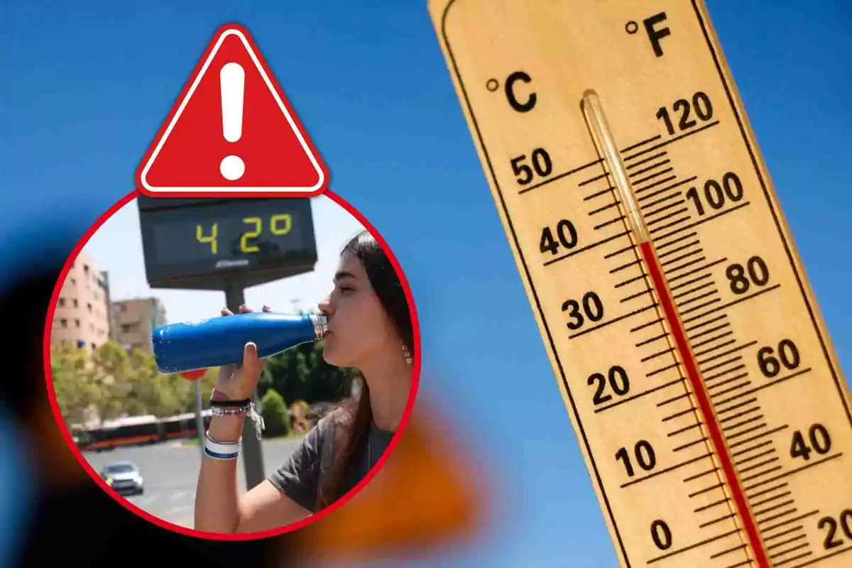 Termómetro marcando alta temperatura junto a una señal de advertencia y una persona bebiendo agua en un día caluroso Termómetro marcando alta temperatura junto a una señal de advertencia y una persona bebiendo agua en un día caluroso