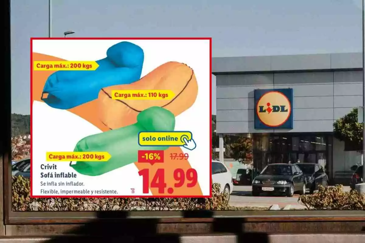 Publicitat de sofàs inflables de colors blau, verd i taronja amb diferents capacitats de càrrega i preu en oferta, superposada a la imatge de l’entrada d’una botiga Lidl Publicitat de sofàs inflables de colors blau, verd i taronja amb diferents capacitats de càrrega i preu en oferta, superposada a la imatge de l’entrada d’una botiga Lidl
