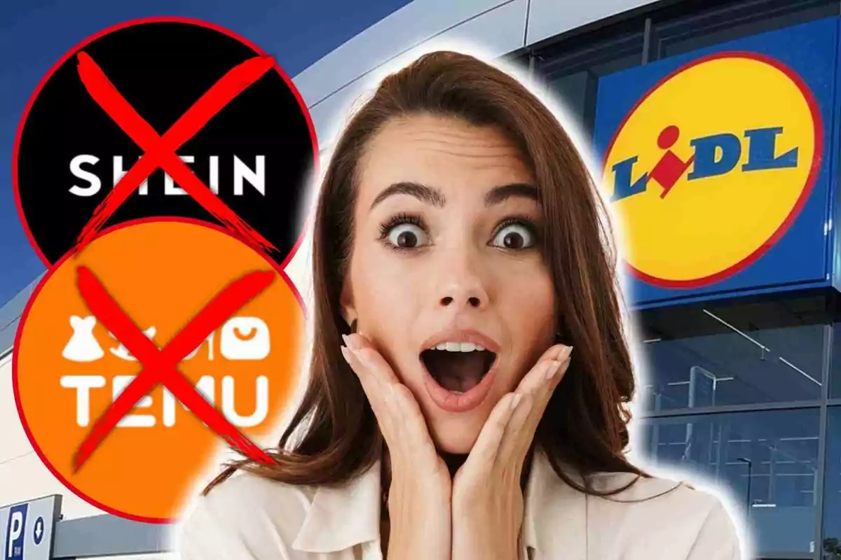 Dona sorpresa davant d’una botiga Lidl amb els logotips de Shein i Temu ratllats en vermell