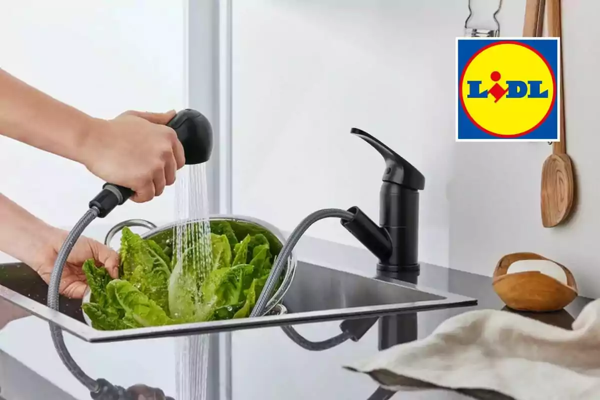 Una persona esbandeix enciam en una pica de cuina amb una aixeta extraïble negra i el logotip de Lidl a la cantonada superior dreta. Una persona esbandeix enciam en una pica de cuina amb una aixeta extraïble negra i el logotip de Lidl a la cantonada superior dreta.