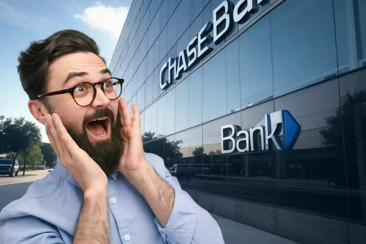 A man with a surprised expression in front of a bank building. A man with a surprised expression in front of a bank building.