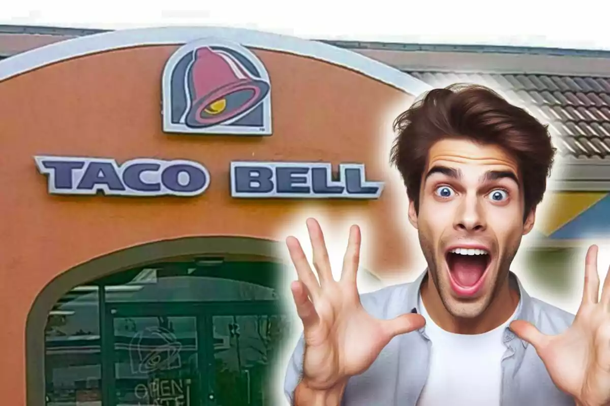 Un hombre con expresión de sorpresa frente a un restaurante Taco Bell de Estados Unidos.