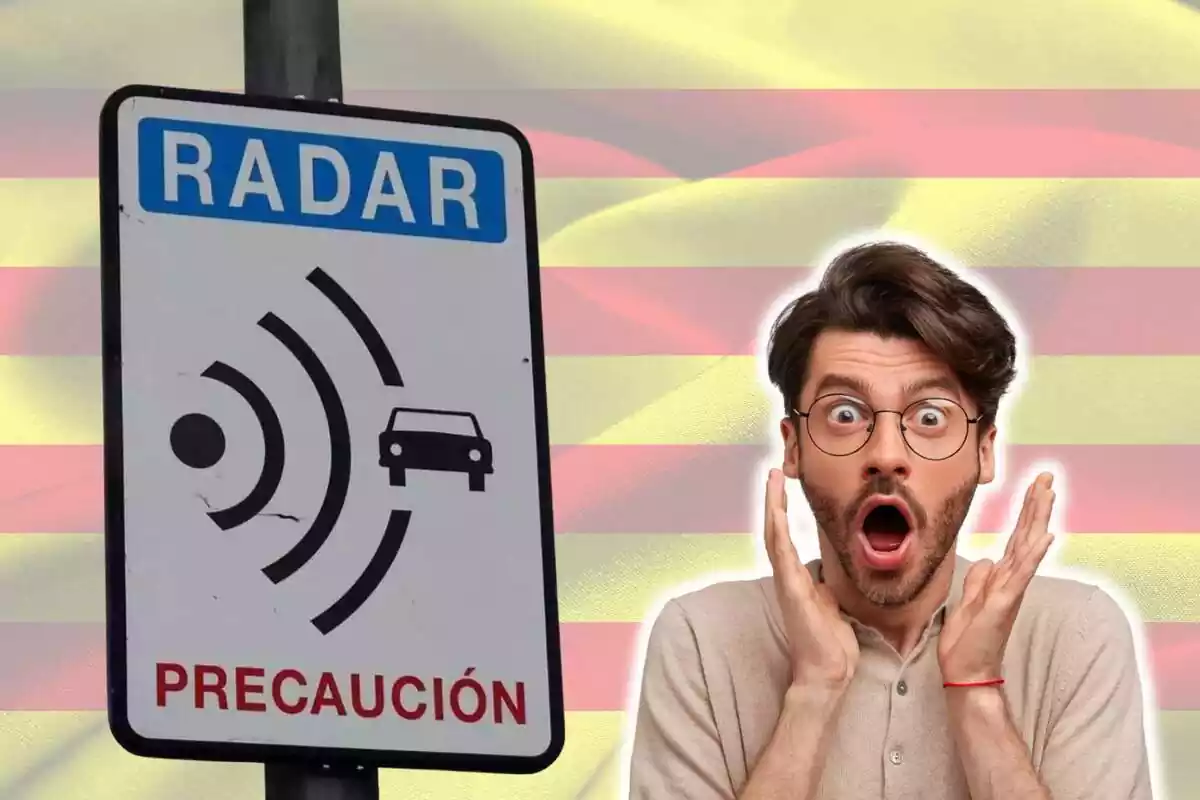 Muntatge de fotos d´un cartell de radar i, al costat, una imatge d´un home sorprès amb la bandera catalana de fons