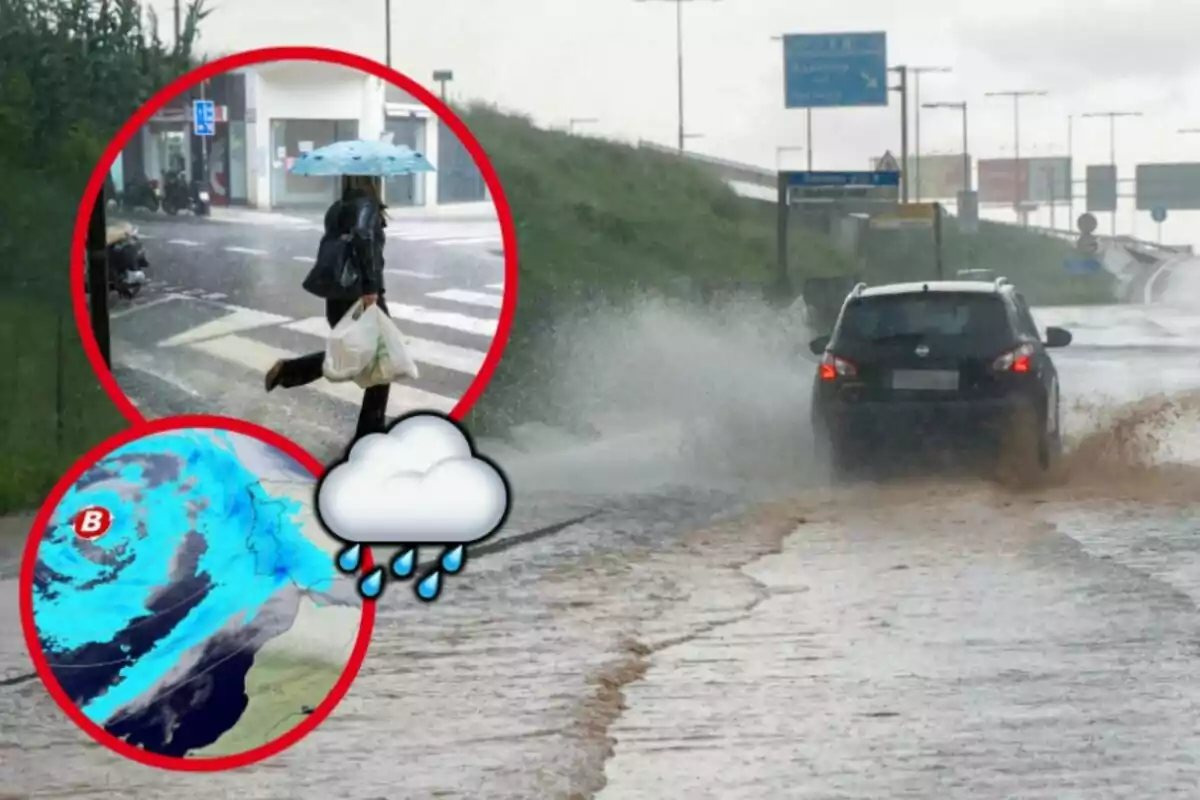 Una carretera inundada per la pluja amb un cotxe esquitxant aigua mentre una persona amb paraigua travessa el carrer i un mapa del clima mostra una tempesta apropant-se.