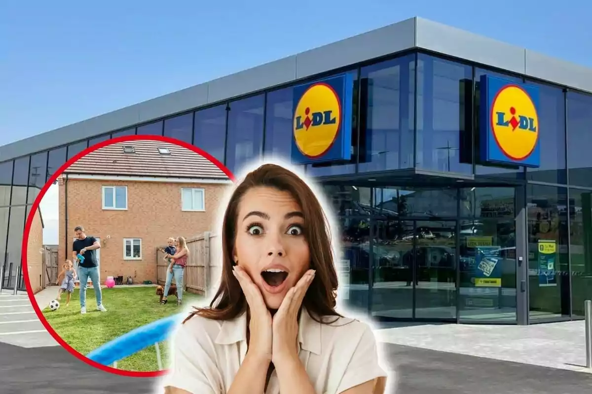 Una dona amb expressió de sorpresa en primer pla, una botiga de Lidl al fons i una família jugant al jardí en un requadre circular.