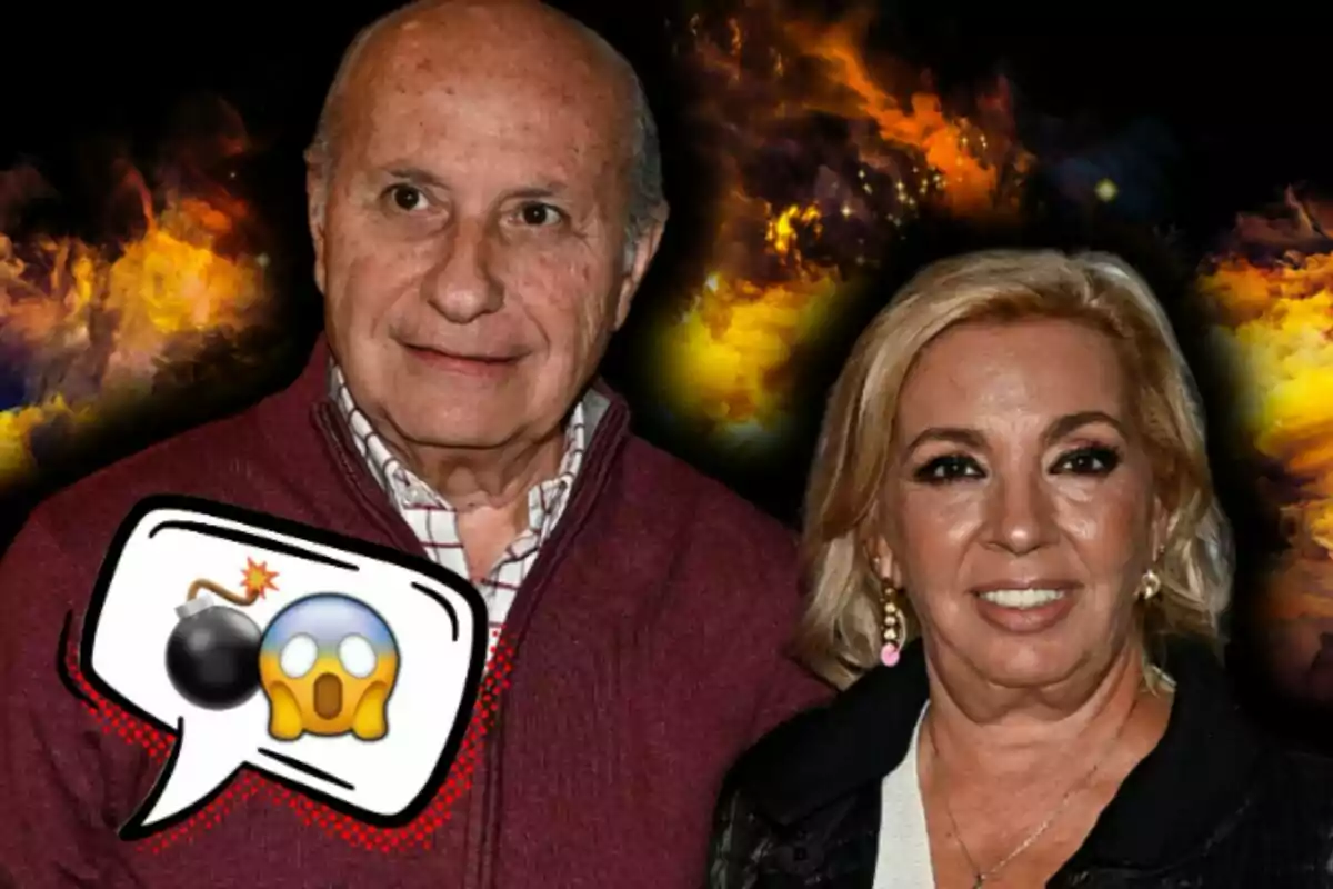 José Carlos Bernal i Carmen Borrego posen davant un fons de núvols acolorits amb un globus de diàleg que conté emojis de bomba i cara sorpresa.