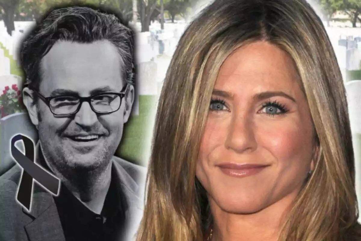 Muntatge de fotos de primer pla de Jennifer Aniston i Matthew Perry amb rostre neutre.