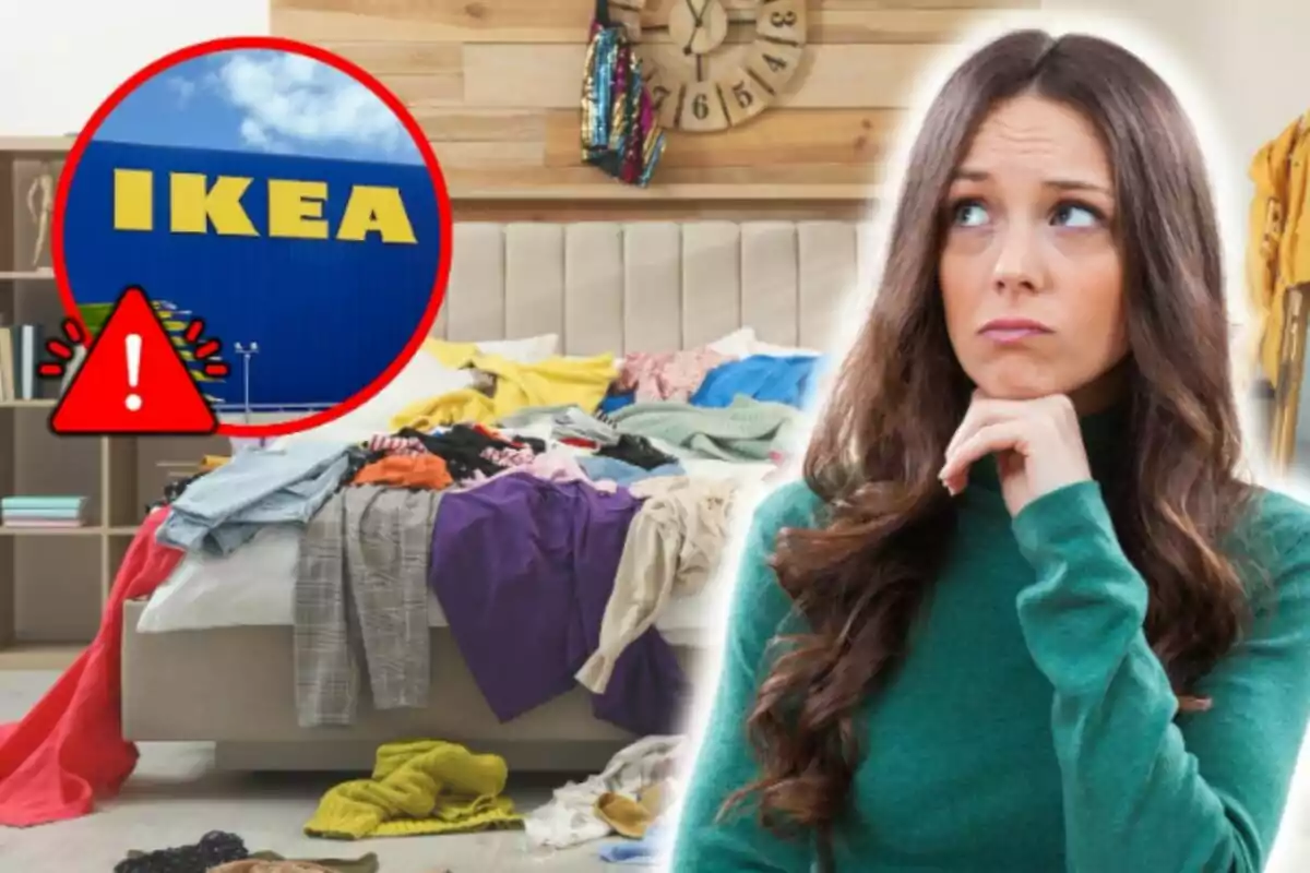 Una dona amb expressió pensativa davant d'un llit desordenat ple de roba i un símbol d'advertència al costat del logotip d'Ikea.