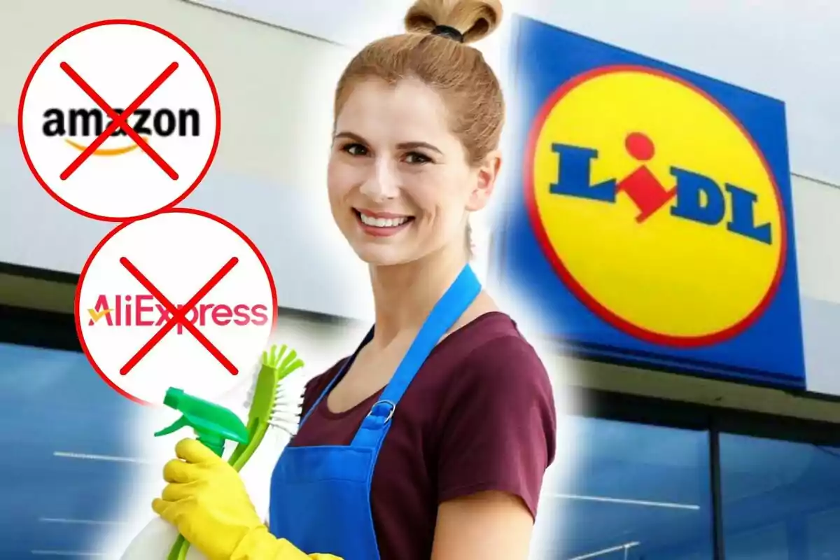 Una persona somrient amb davantal blau i guants grocs sosté productes de neteja davant d'un cartell de Lidl, amb logotips d'Amazon i AliExpress ratllats.