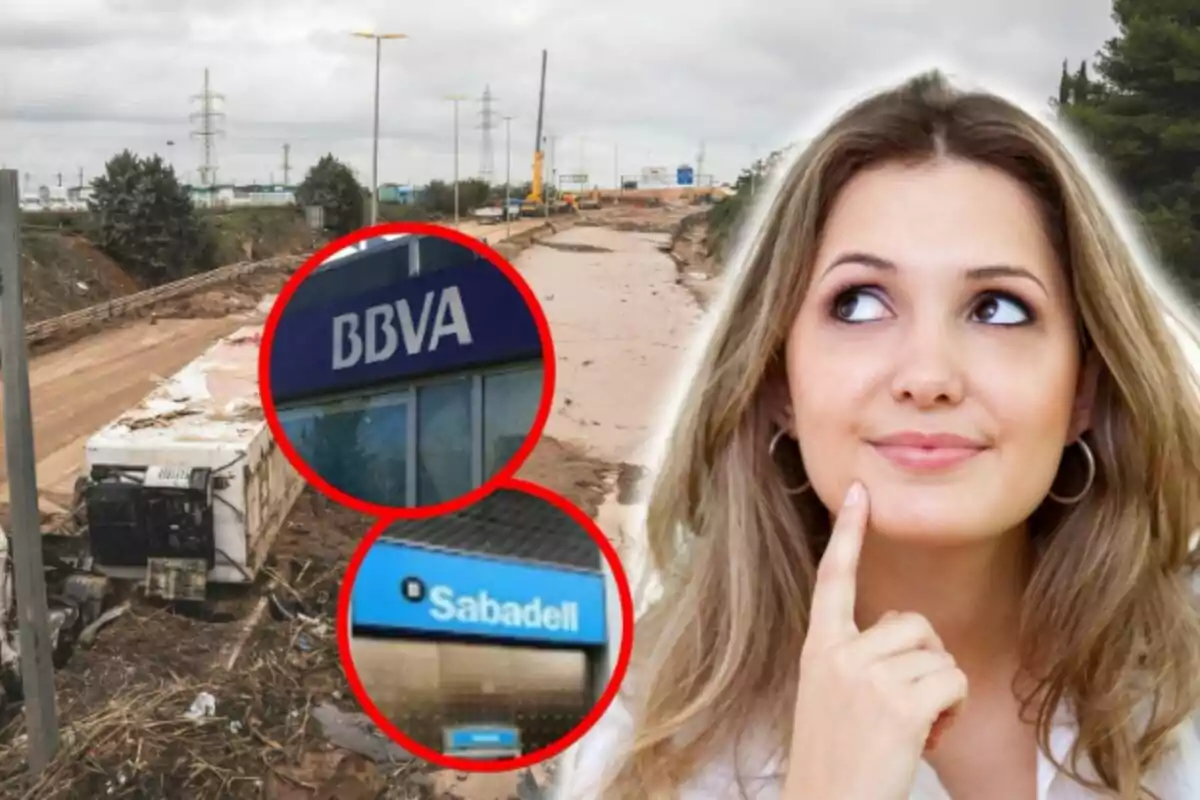 Una dona pensativa apareix en primer Pía mentre al fons s?observa una carretera en construcció i dos logotips de bancs, del BBVA i del Banc Sabadell, en cercles vermells.