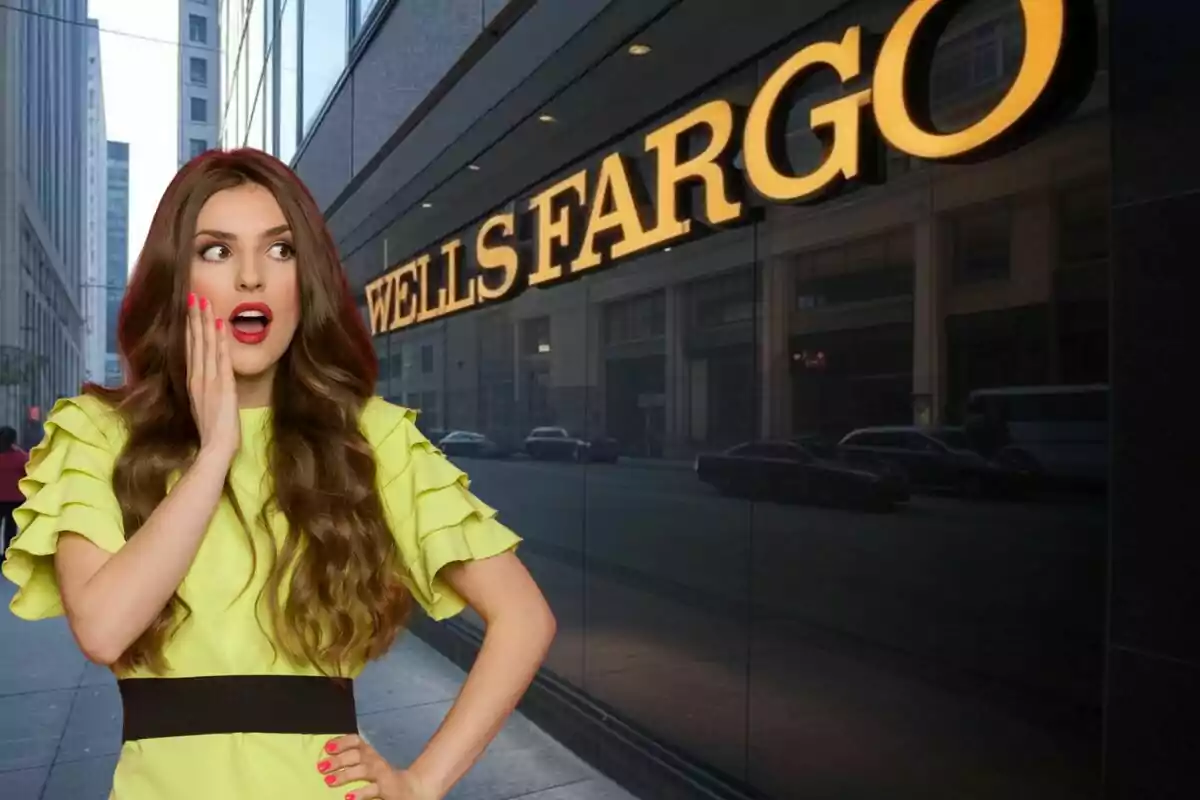 A woman with a surprised expression in front of a building with a Wells Fargo sign. A woman with a surprised expression in front of a building with a Wells Fargo sign.