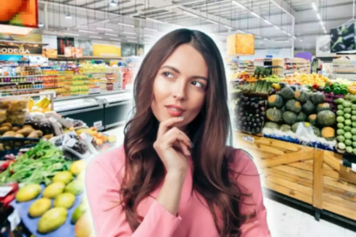 Dona pensativa en un supermercat envoltada de fruites i verdures.