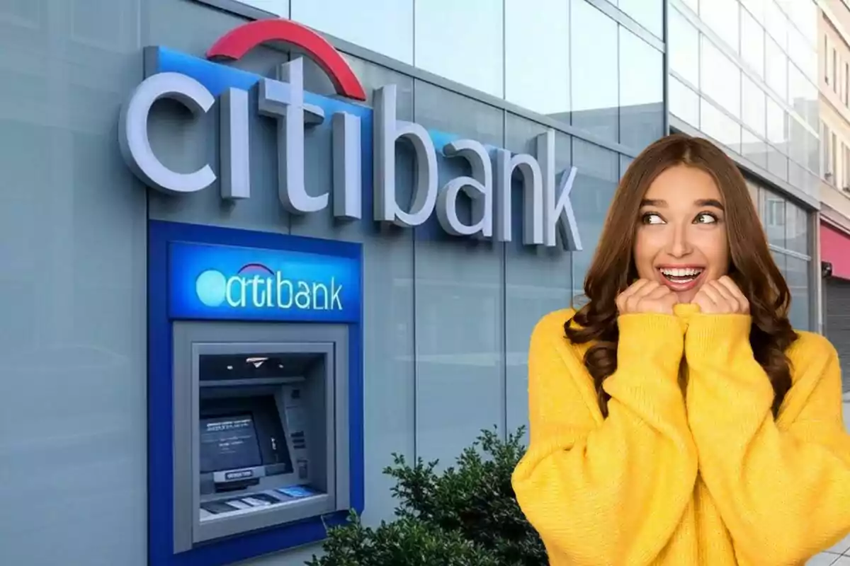 A smiling woman in a yellow sweater is in front of a bank ATM. A smiling woman in a yellow sweater is in front of a bank ATM.