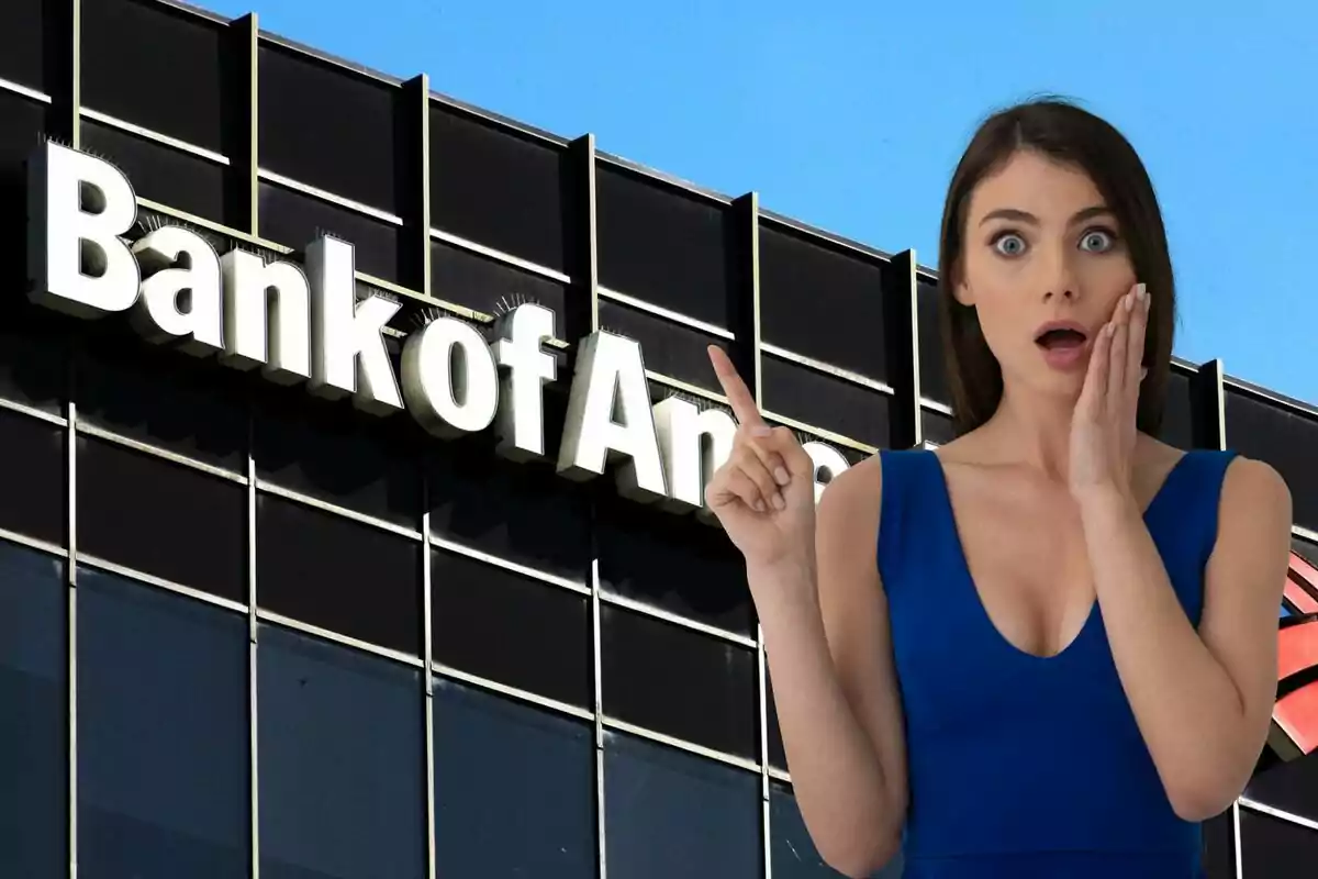 A woman with a surprised expression points toward a building with a bank logo. A woman with a surprised expression points toward a building with a bank logo.