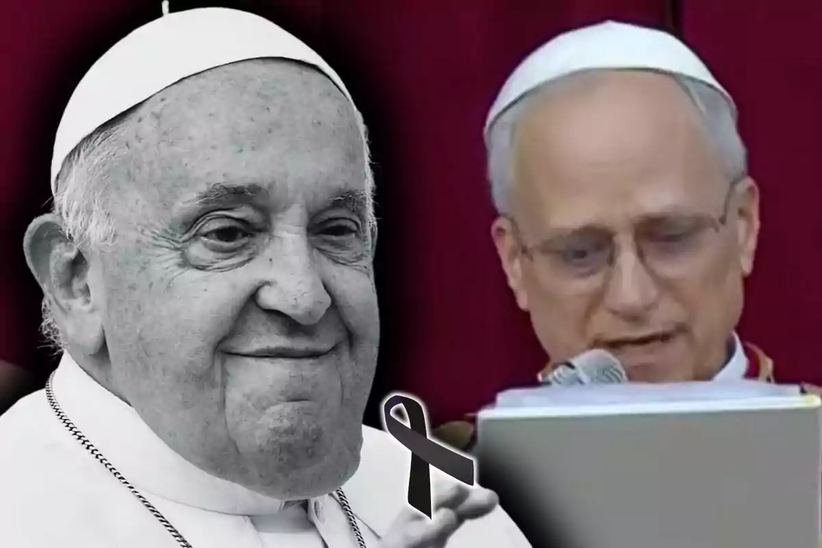 Two men in religious attire, one of them in black and white - who is Pope Francis - with a black ribbon in the lower corner; and the other is Leo XIV.