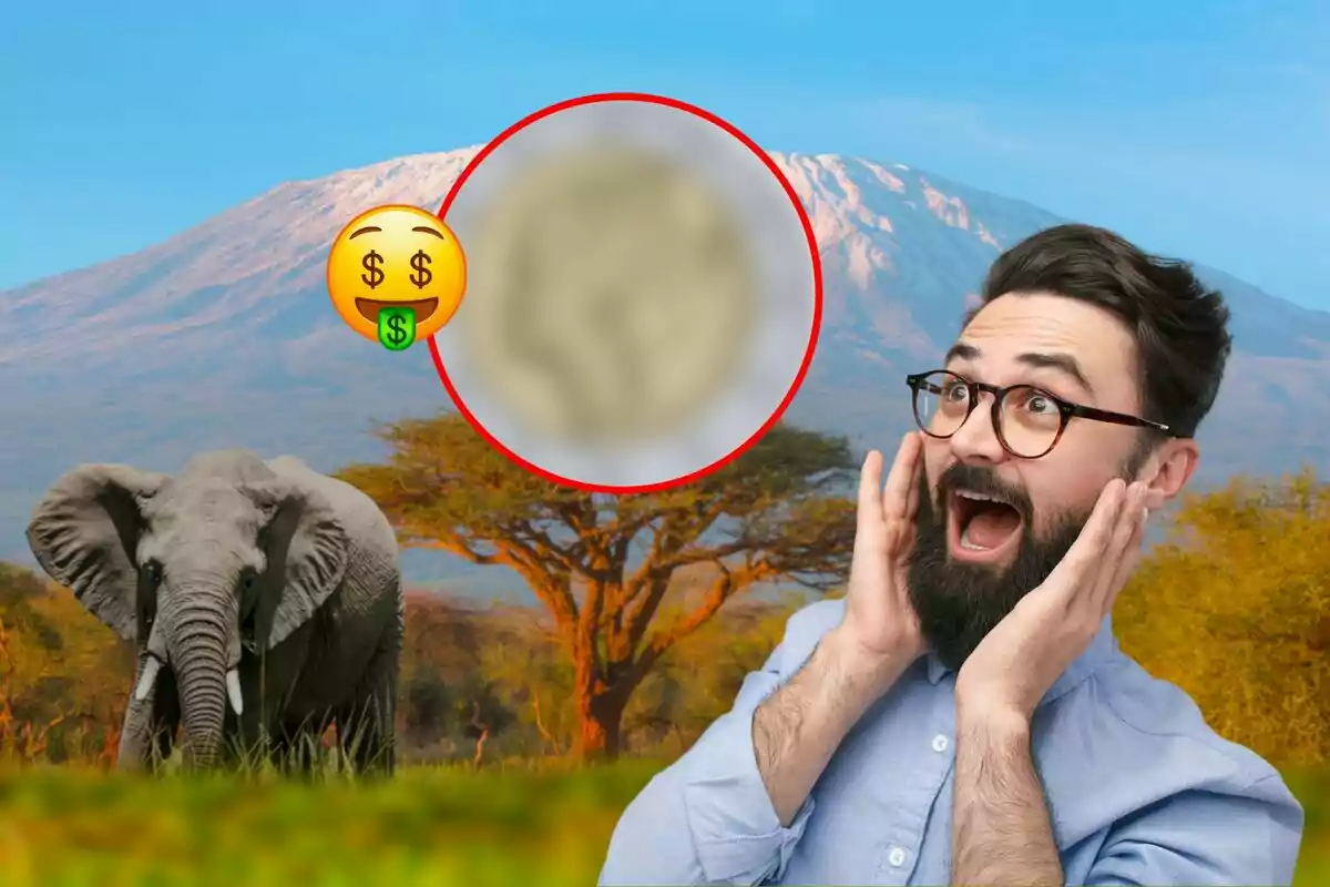 Home sorprès amb un elefant i una muntanya de fons, amb un emoji de diners i una moneda borrosa en un cercle vermell.