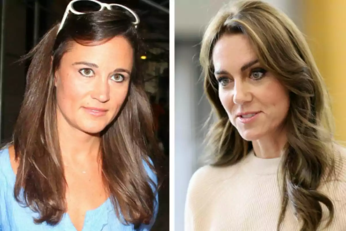 Two women with brown hair pose in separate photos, Pippa Middleton wears sunglasses on her head and a blue blouse, while the other, Kate Middleton, wears a light sweater. Two women with brown hair pose in separate photos, Pippa Middleton wears sunglasses on her head and a blue blouse, while the other, Kate Middleton, wears a light sweater.