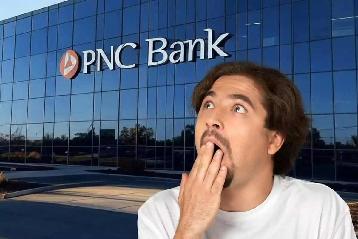 Un home amb expressió de sorpresa davant d'un edifici de PNC Bank. Un home amb expressió de sorpresa davant d'un edifici de PNC Bank.