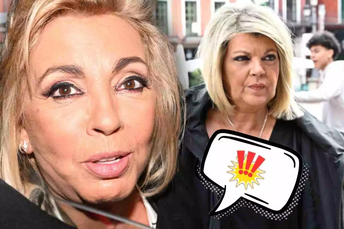 Carmen Borrego i Terelu Campos amb expressions serioses i una bafarada de còmic amb signes d’exclamació al centre de la imatge