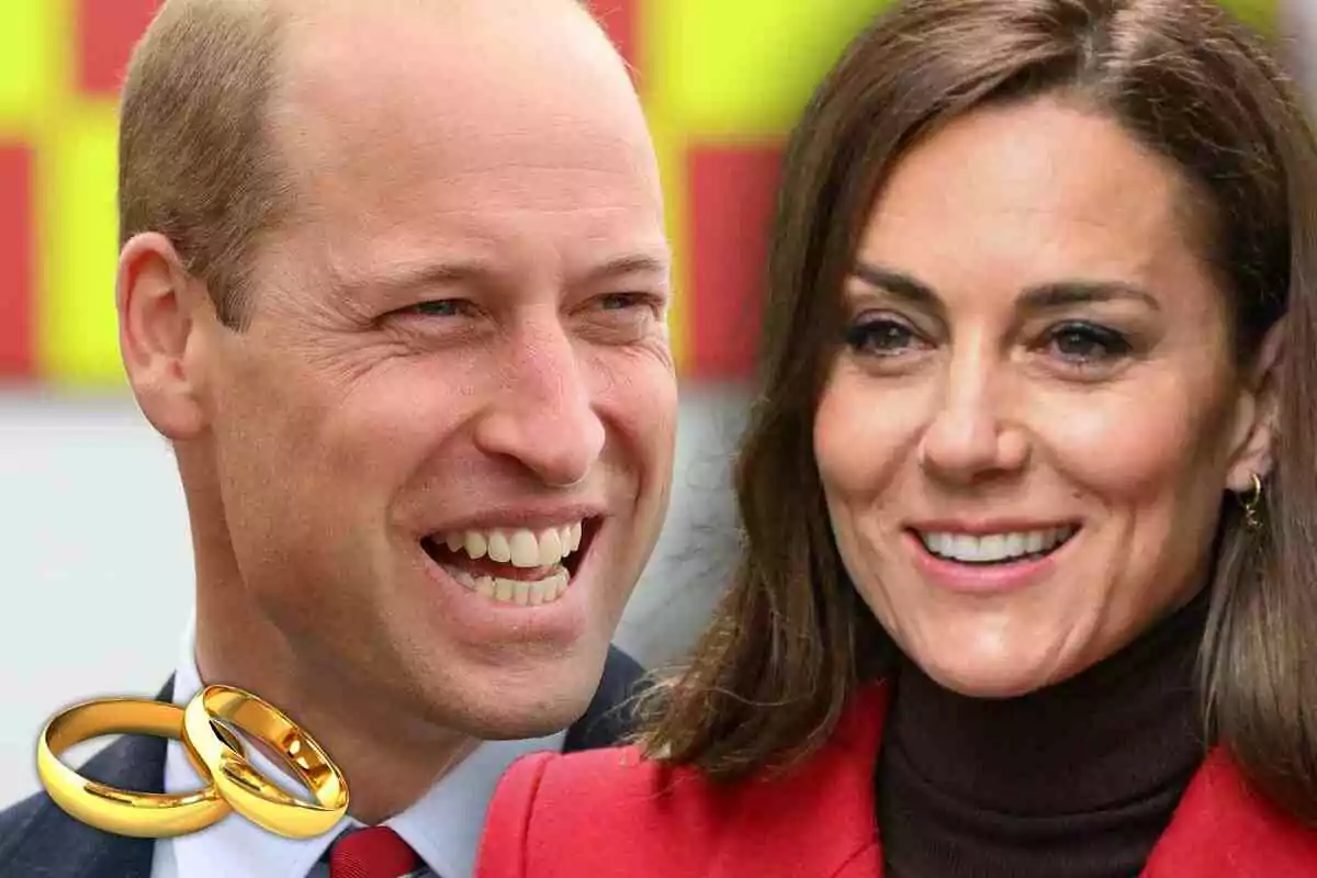 El príncep Guillem i Kate Middleton somriuen junts amb dos anells daurats a la cantonada de la imatge.