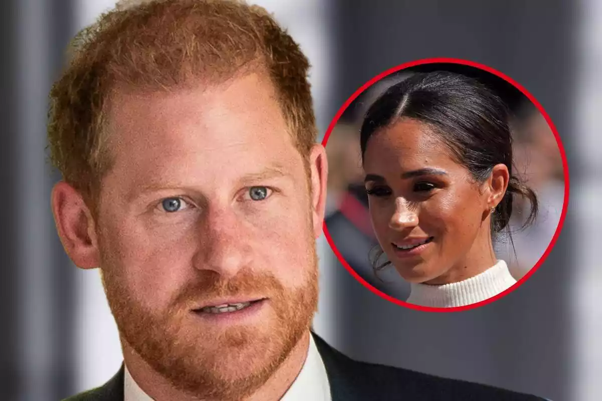 Muntatge de fotos de primer pla del príncep Harry i, al costat, una imatge de la seva dona, Meghan Markle amb rostre somrient