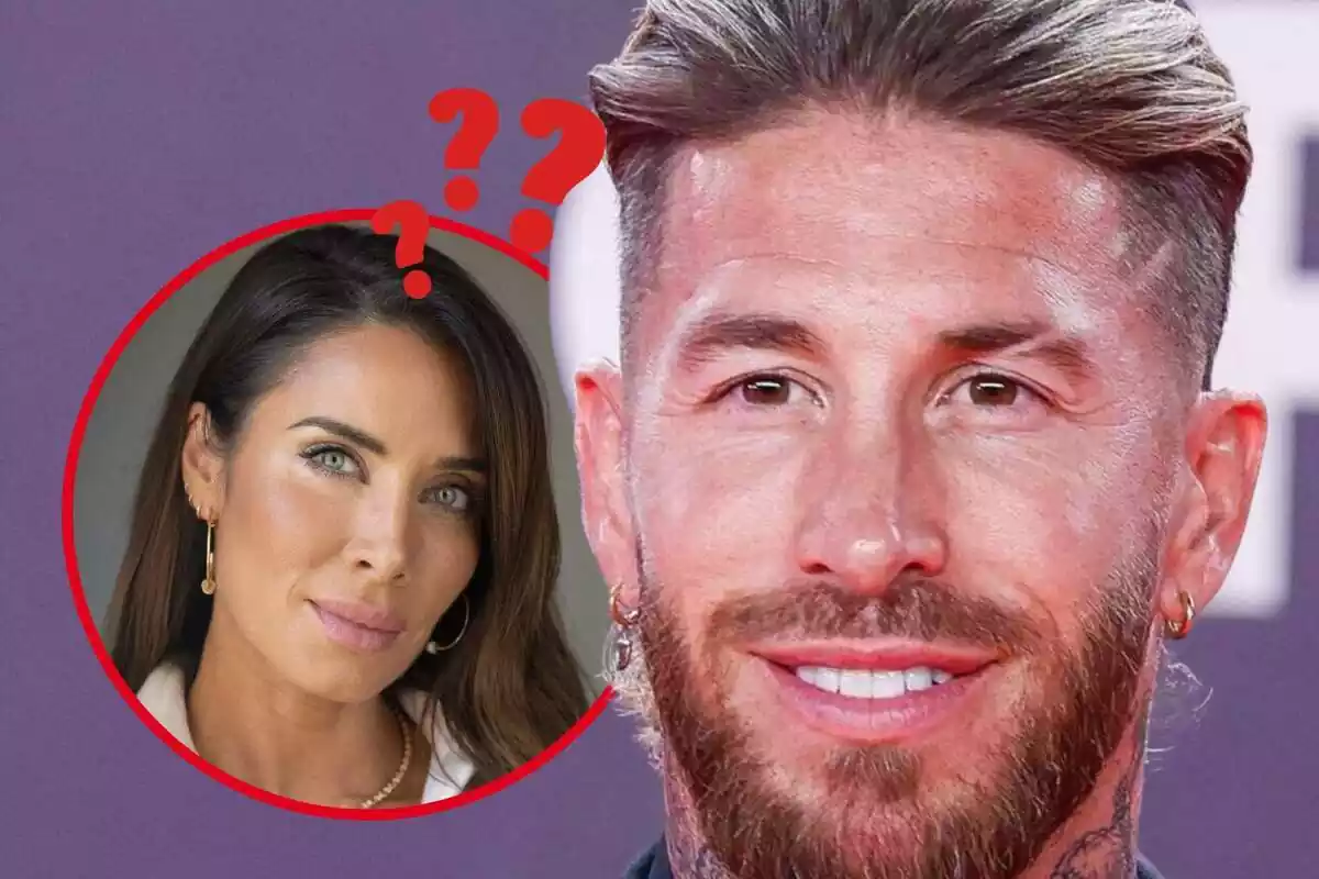 Muntatge de fotos de primer pla de Sergio Ramos somrient i, al costat, Pilar Rubio amb rostre seriós