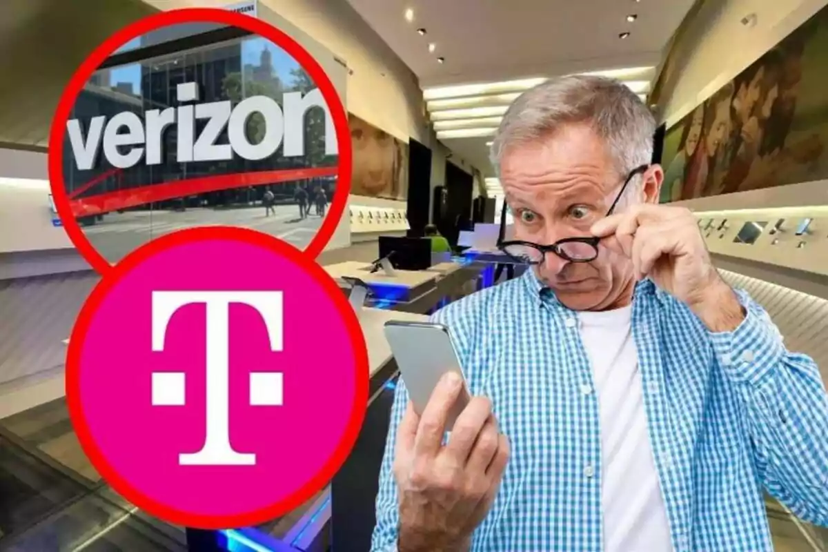 Un hombre mayor con expresión de sorpresa mira su teléfono en una tienda de tecnología, con los logotipos de Verizon y T-Mobile superpuestos.