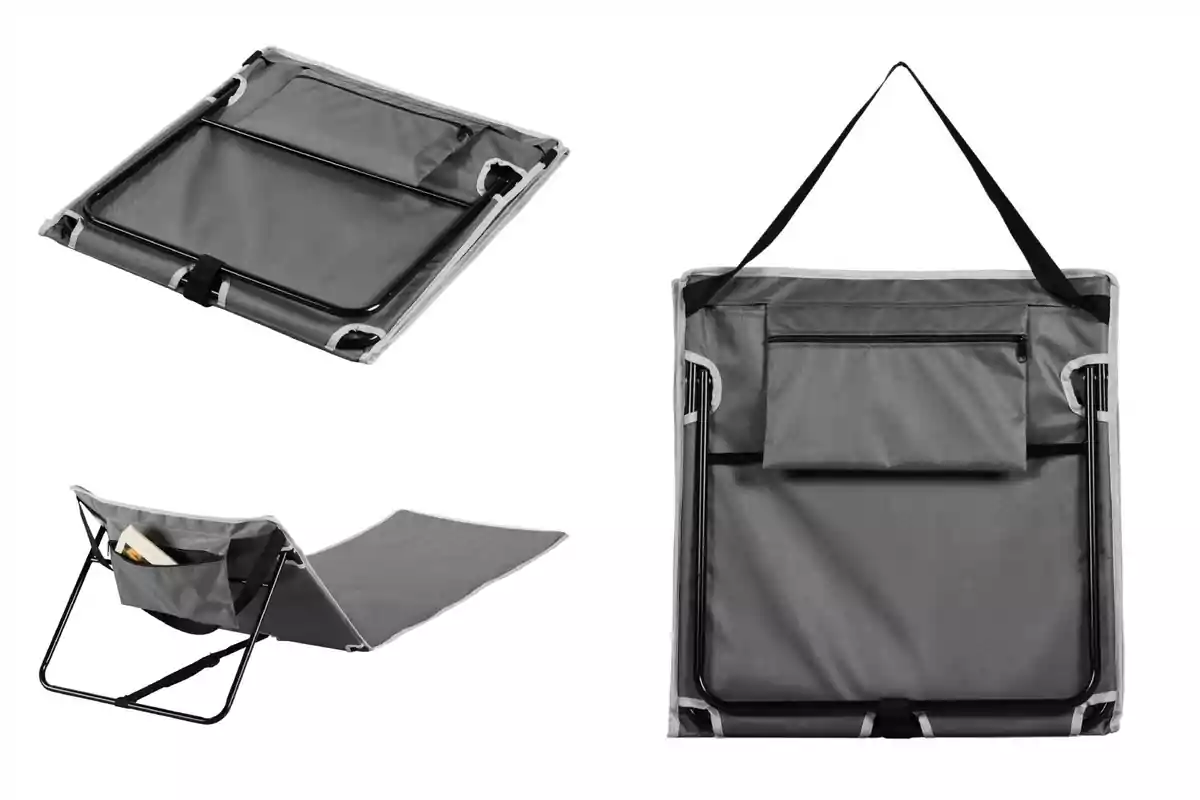 Una cadira plegable portàtil de color gris de Lidl amb estructura de metall negre, que inclou una butxaca per a emmagatzematge i una corretja per facilitar el seu transport. Una cadira plegable portàtil de color gris de Lidl amb estructura de metall negre, que inclou una butxaca per a emmagatzematge i una corretja per facilitar el seu transport.