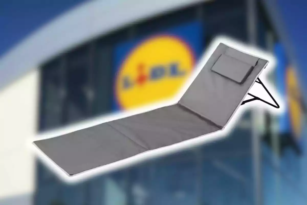 Gandula grisa plegable de Lidl amb fons de botiga. Gandula grisa plegable de Lidl amb fons de botiga.