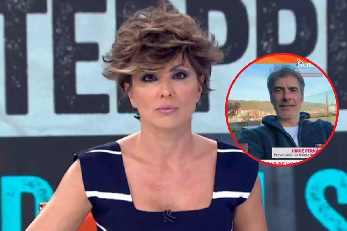 Una presentadora de televisió amb cabell curt i arrissat apareix en un estudi, mentre que a la cantonada superior dreta hi ha un requadre amb la imatge d'un home a l'aire lliure.