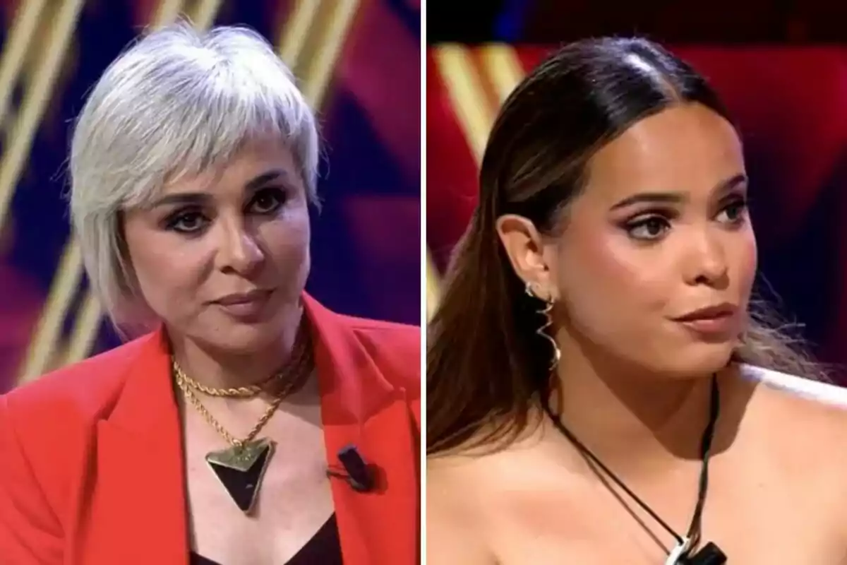 Ana María Aldón i Gloria Camila en un programa de televisió, una amb cabell curt i ros, vestint un blazer vermell i collaret daurat, i l'altra amb cabell llarg i fosc, portant un collaret negre i arracades cridaneres, ambdues amb expressions serioses. Ana María Aldón i Gloria Camila en un programa de televisió, una amb cabell curt i ros, vestint un blazer vermell i collaret daurat, i l'altra amb cabell llarg i fosc, portant un collaret negre i arracades cridaneres, ambdues amb expressions serioses.