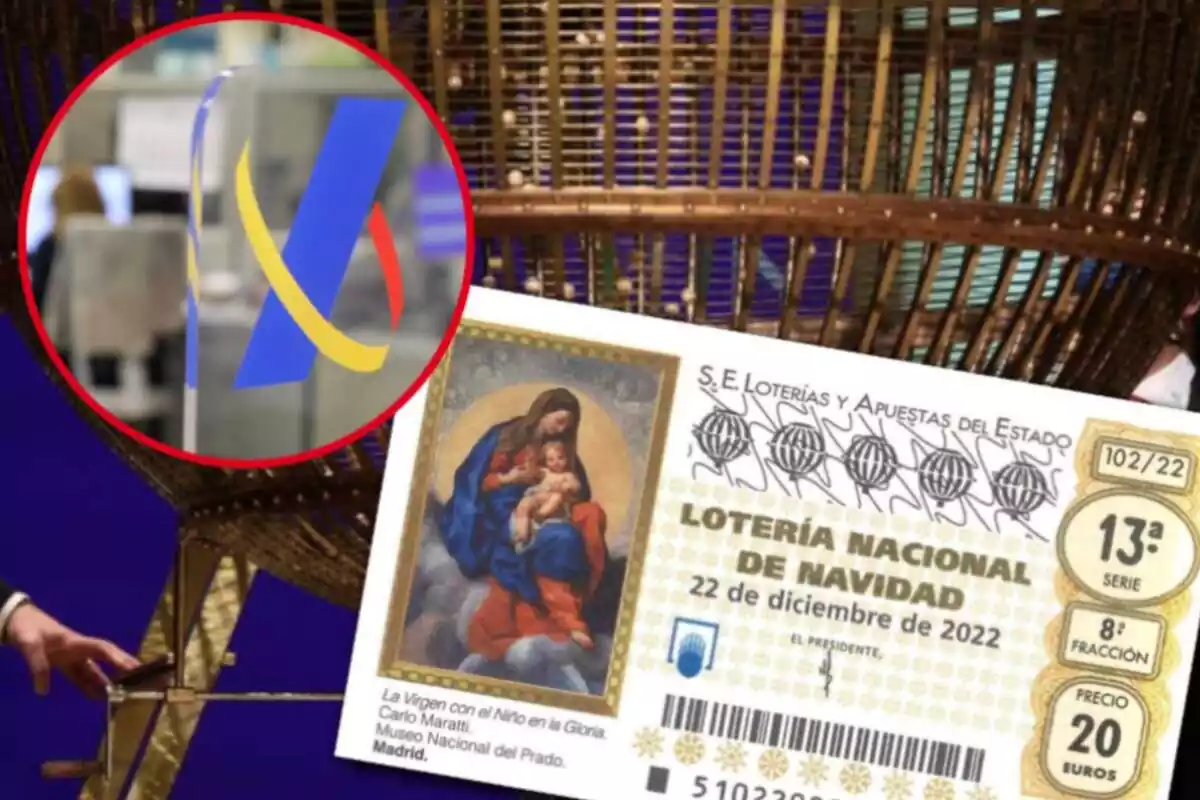 Muntatge amb el bombo del Sorteig de la Loteria de Nadal de fons, un dècim i un cercle amb el logotip en una oficina de l'Agència Tributària