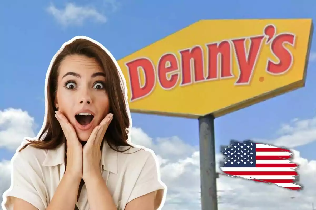 Una mujer con expresión de sorpresa frente a un cartel de Denny's y una bandera de Estados Unidos.