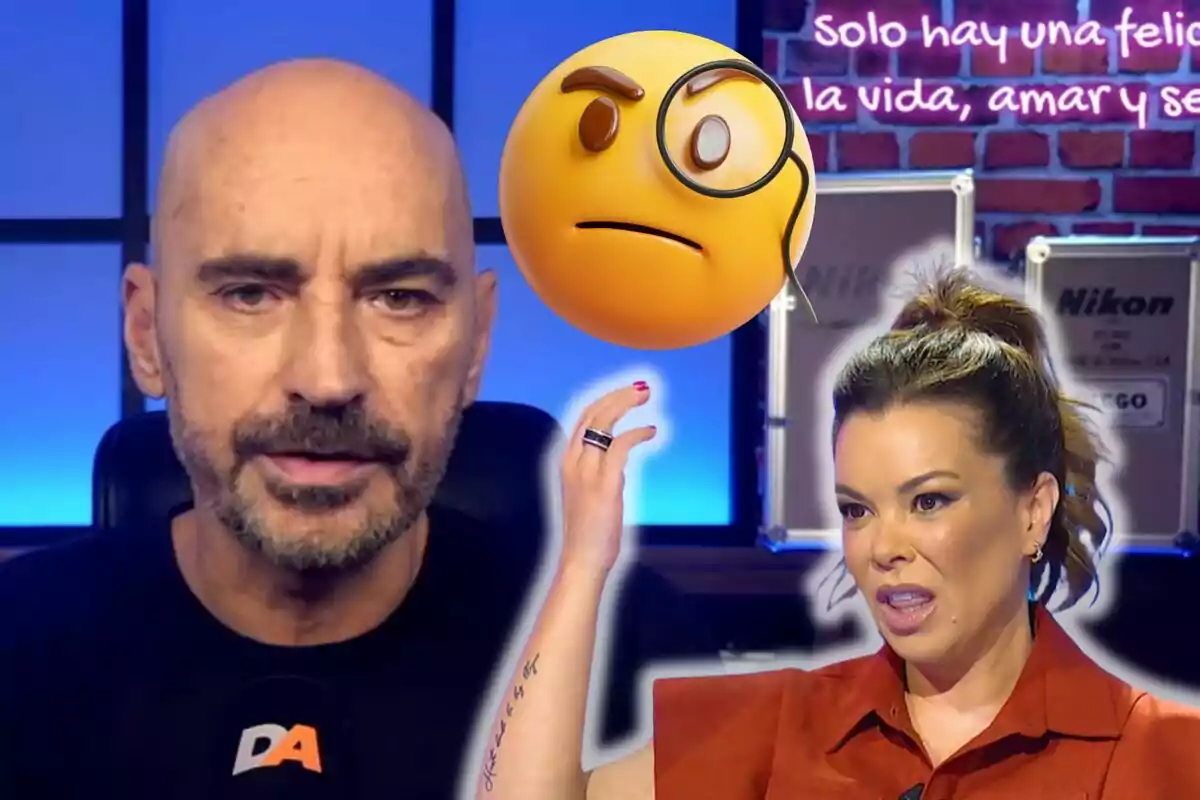 Diego Arrabal i María José Campanarioioo amb cabells recollits apareixen en un muntatge amb un emoji de monocle al centre, sobre un fons blau i una paret de maons amb text.