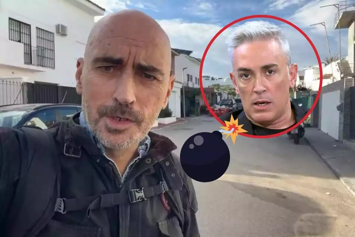 Muntatge d'una captura d'un vídeo de Diego Arrabal gravant-se al carrer mentre parla i al costat una retallada de Kiko Hernández seriós amb la boca oberta amb una bomba al costat