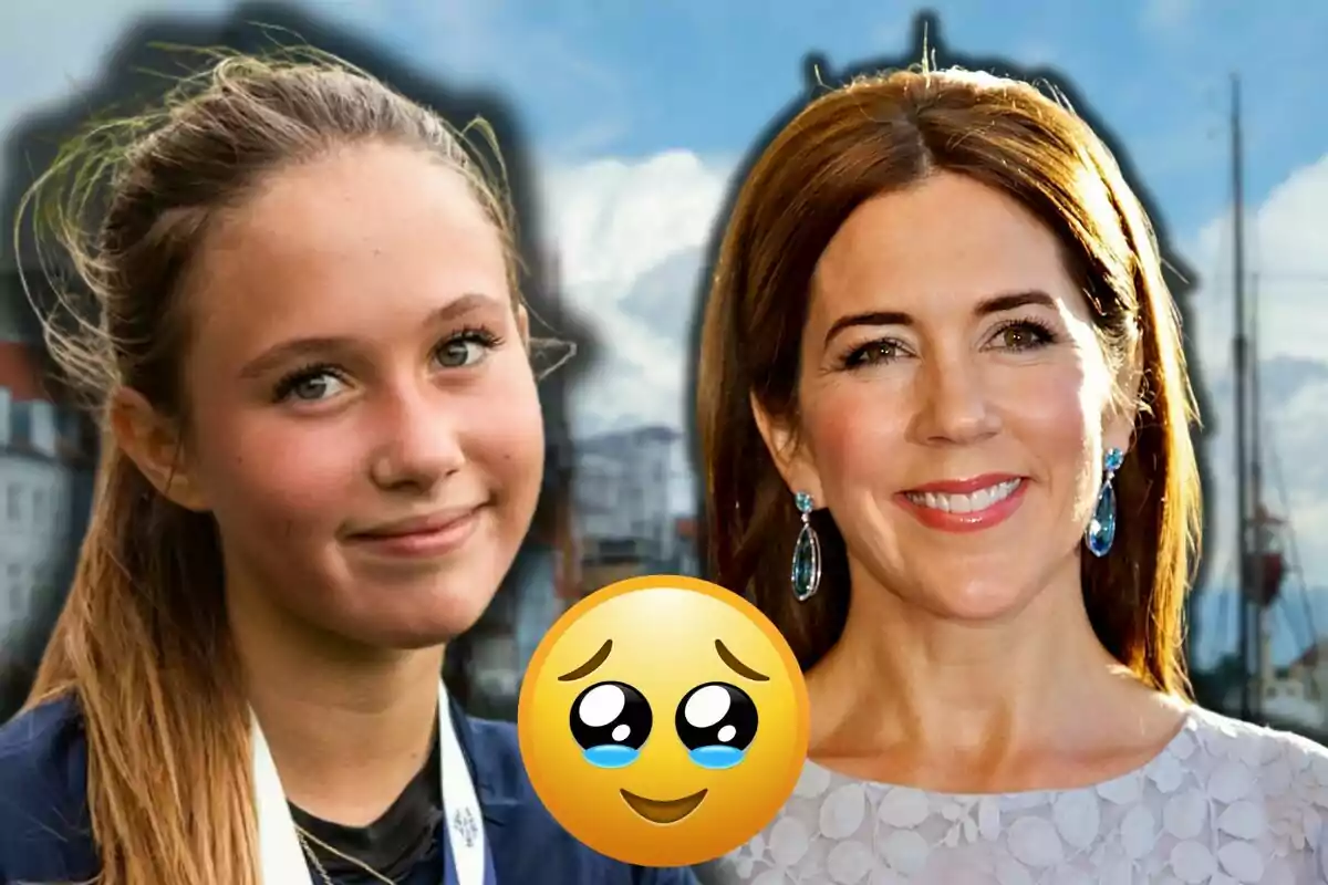 Josefina and Mary from Denmark smiling with a teary-eyed emoji in the center and a blurred urban background.