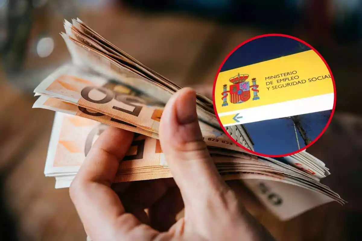 Muntatge de feix de bitllets de 50 euros i cartell de la Seguretat Social