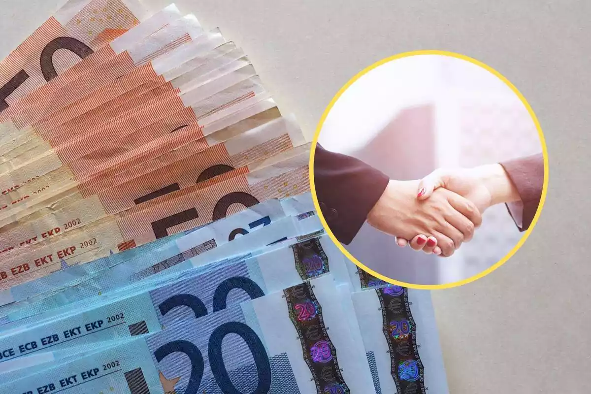 Muntatge de bitllets de 20 i 50 euros i una rodona amb mans mostrant un tracte