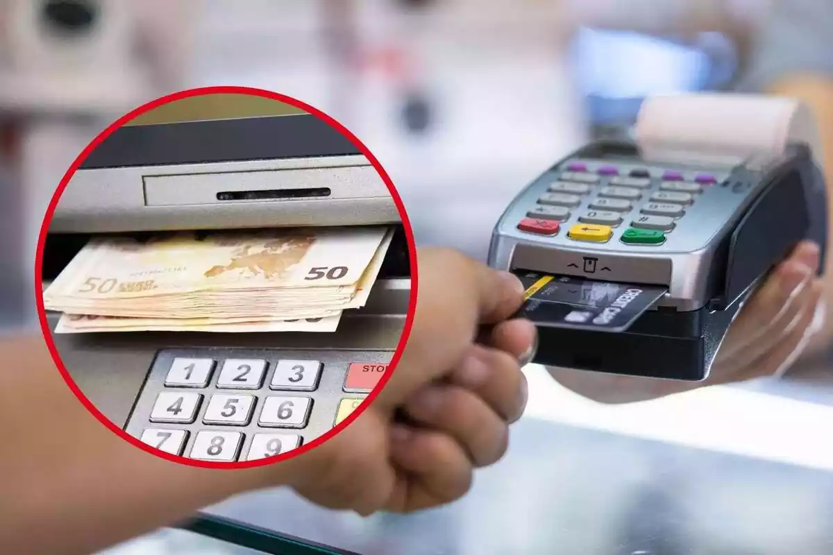 Muntatge amb una imatge d'una persona pagant amb una targeta de crèdit i un cercle amb bitllets de 50 euros a un caixer automàtic