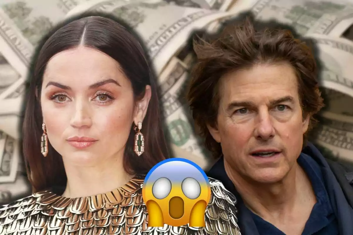 Ana de Armas and Tom Cruise pose in front of a background of bills with a surprised emoji in the foreground.