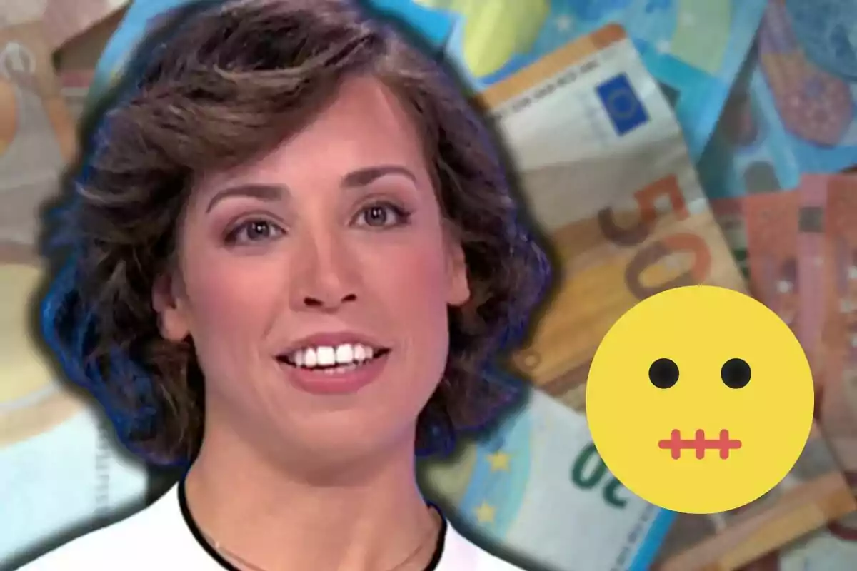 Rosa somrient davant d'un fons de bitllets d'euro amb un emoji de cara amb boca cosida superposat.
