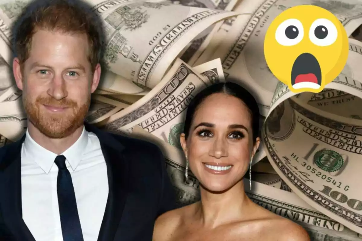 El príncep Harry i Meghan Markle somrient davant d'un fons de bitllets de dòlar amb un emoji sorprès.