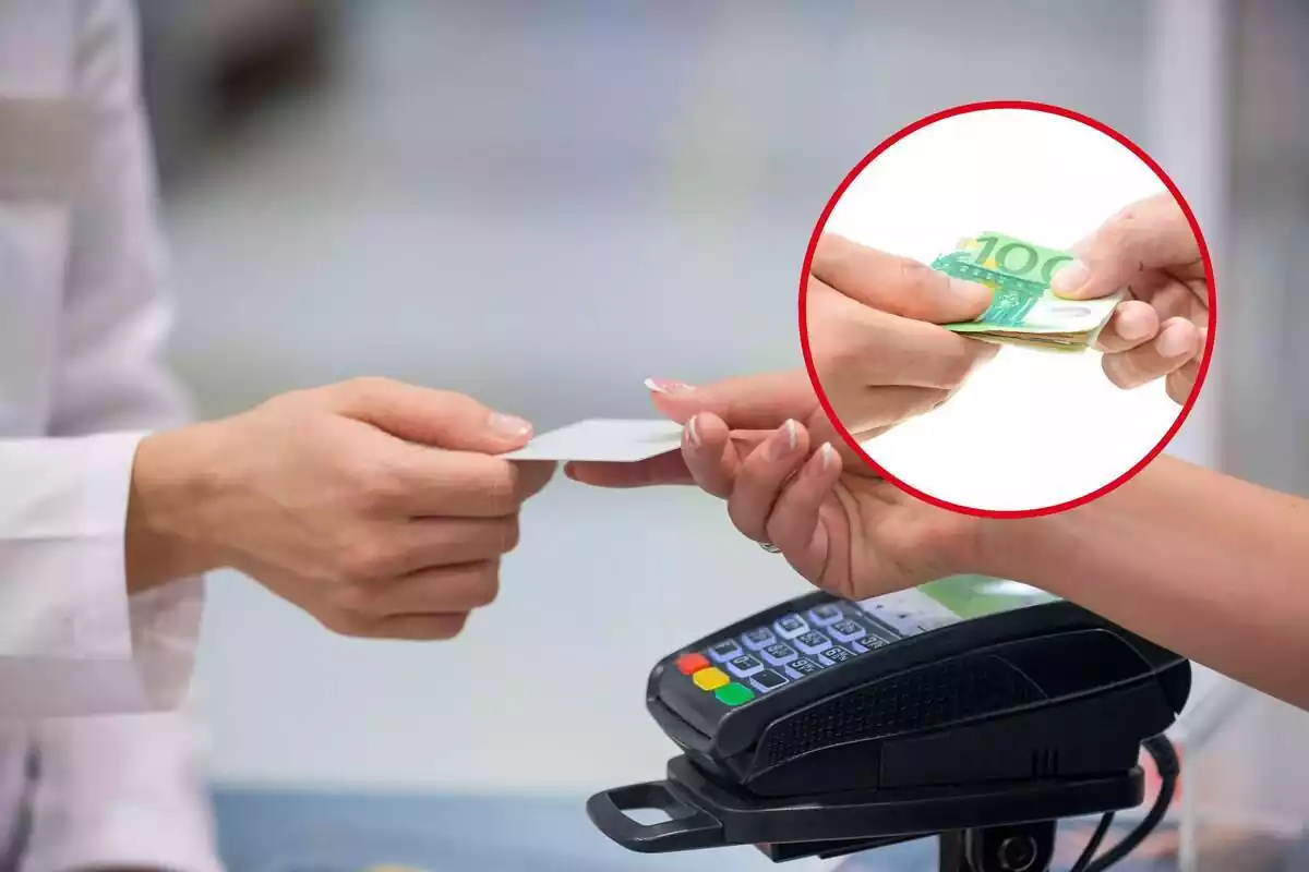Muntatge d'una persona pagant amb targeta i rodona amb bitllets d'euro