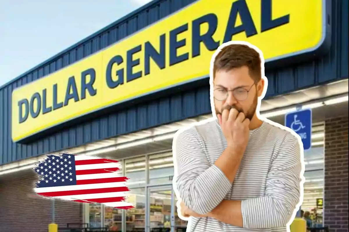 Un home pensatiu davant d'una botiga Dollar General amb una bandera dels Estats Units en primer pla.